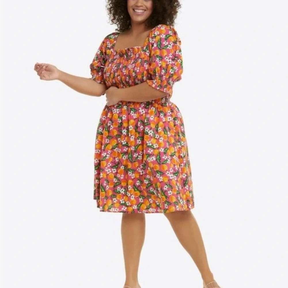 Draper James 1X Pink Orange Citrus Floral Deana Smocked Dress Puff Sleeve Plus